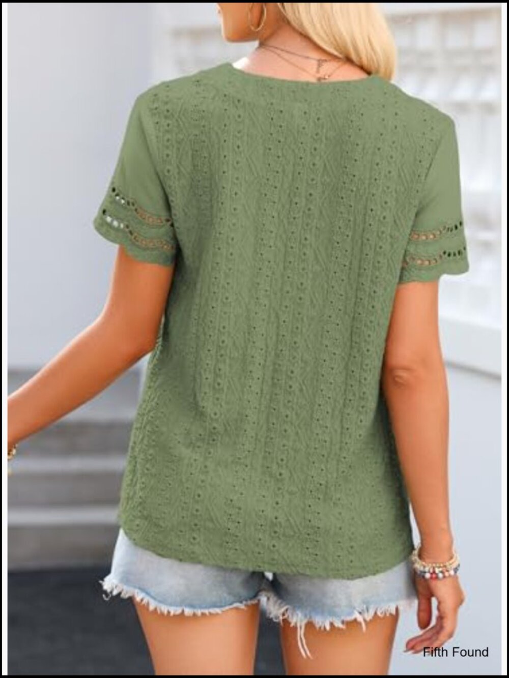 V Neck Short Sleeve Lace Eyelet Blouse Dressy Casual Summer Top - Picture 4 of 7